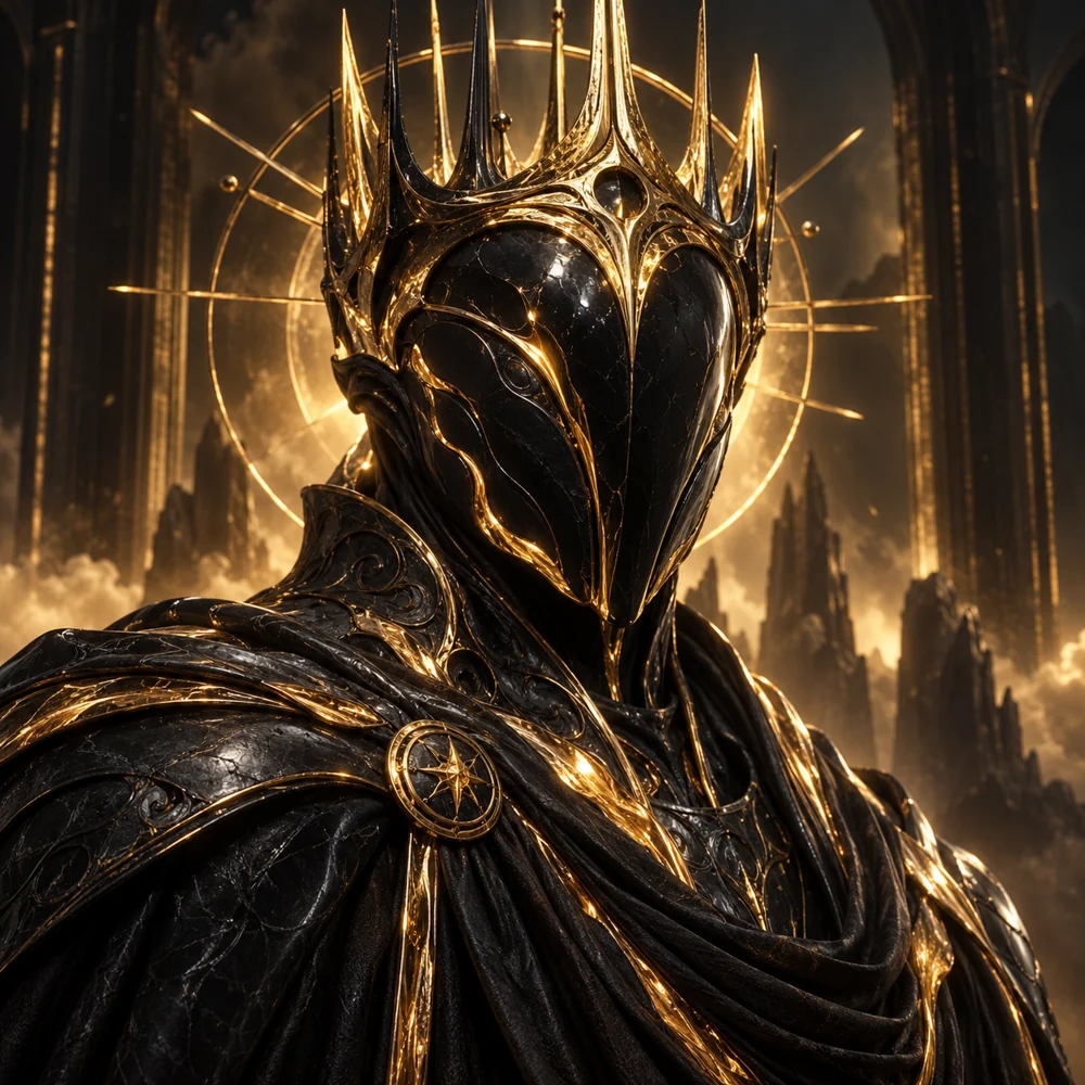 Un gardien couronné original, sculpté dans l’obsidienne noire et l’or liquide.