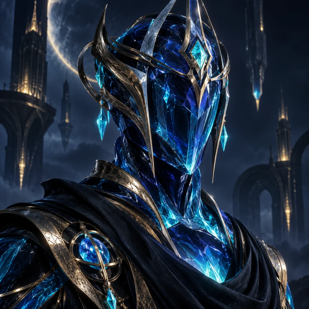 Un navigateur astral original sculpté dans du verre cobalt et des cristaux cyan lumineux.